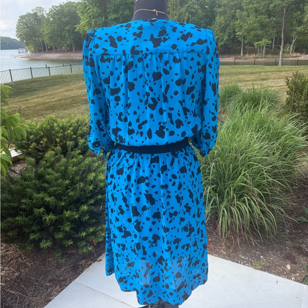 Vintage 80s Electric Blue Abstract Print Midi Dress Medium Statement Power Dress - Picture 4 of 5